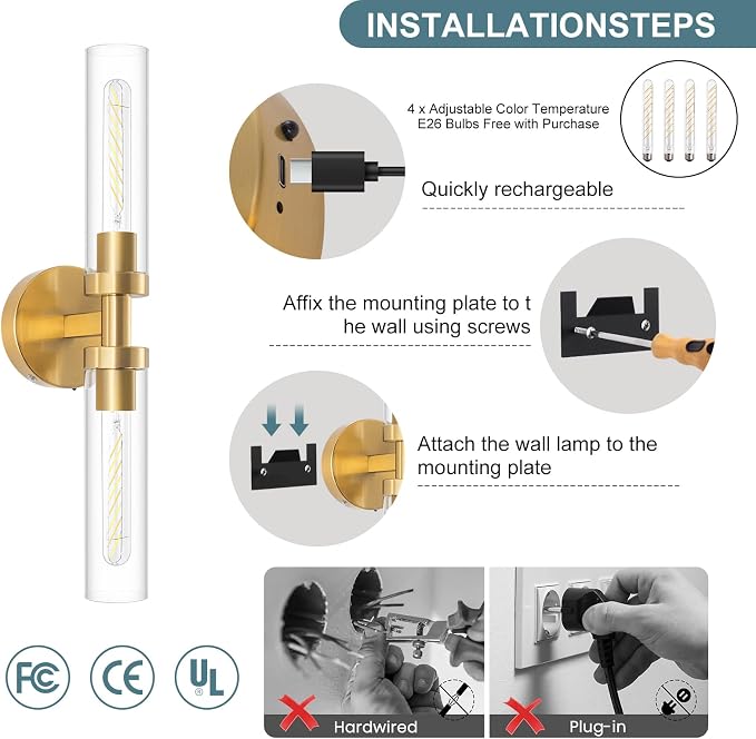Battery Operated Wall Sconces, Wall Sconce Set of 2, 3000K-6500K Gold Rechargeable Wall Lamp with Remote, Indoor Non-Hardwired Wall Sconce, Modern Vanity Light for Bedroom, Living Room, Aisle
