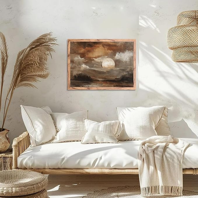KBBYT Large Framed Wall Art Moody Abstract Moonlit Landscape Poster Canvas Print Vintage Classic Rustic Painting Pictures Wall Decor for Living Room Bedroom Home Decoration 24x36inch Wood Framed
