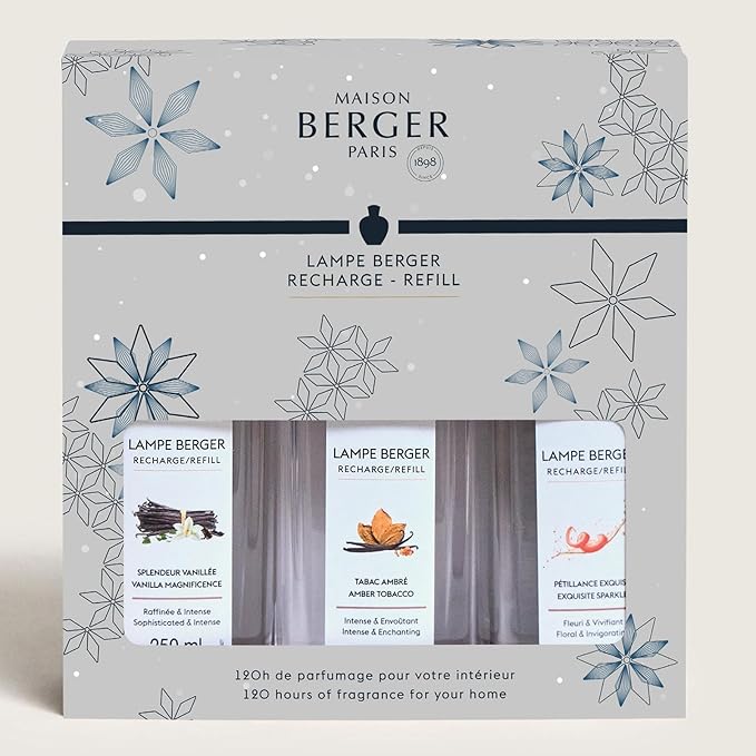 Maison Berger Lampe Fragrance Trio Rosalie - 3×250ml Premium Scented Refills (Amber Tobacco, Exquisite Sparkle, Vanilla Magnificence) for Home Diffuser Use - Crafted in France - Elegant Gift Set