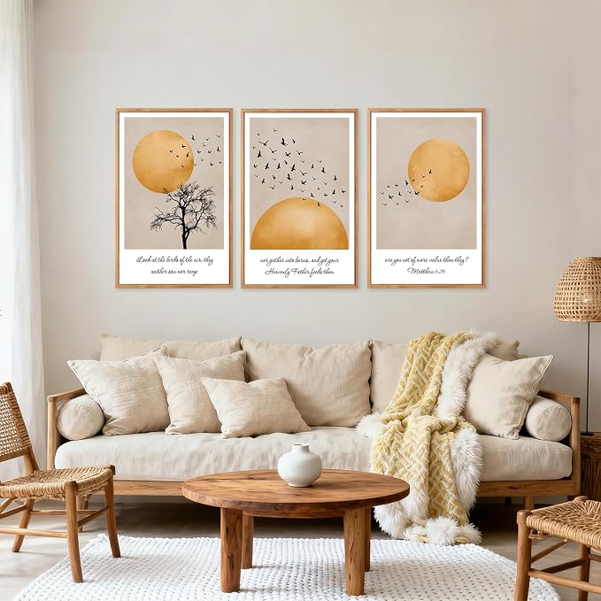 CHDITB Matthew 6:26 Look At The Birds Of The Air Framed Canvas Wall Art(24"x36"), 3 Panels Japandi Bible Verses Scripture Artwork Prints, Large Religious Christian Faith LDS Decor for Home Office Bedroom