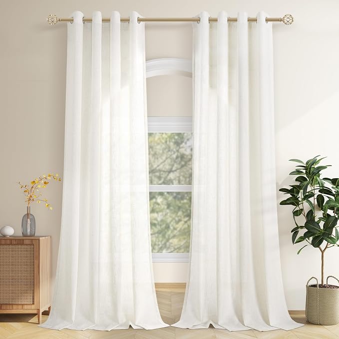 Aersas Natural Grommet Linen Curtains 110 Inches Long for Living Room Bedroom Neutral Boho Modern Privacy Light Filtering Semi Sheer Ivory Cream Off White Linen Drapes 110 Length 2 Panels Set