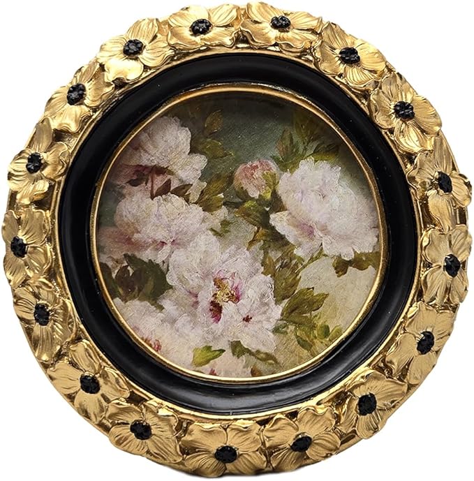 SYLVIA'S SHOP 3x3 Small Vintage Round Picture Frame, Mini Antique Gold Ornate Circle Photo Frame, for Tabletop and Wall Display, Decorative Floral Design Retro Home Decor, Photo Gallery Art