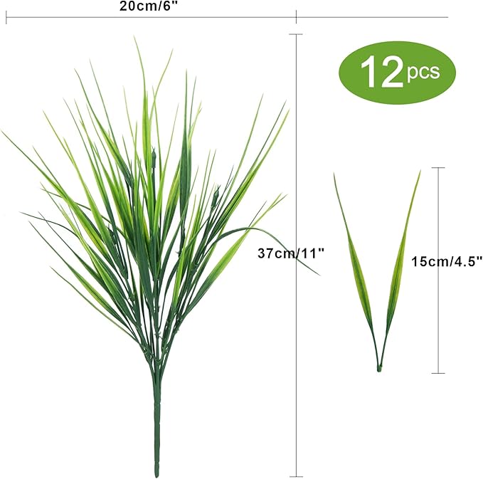Ouddy Decor 12 Bundles Artificial Wheat Grass Outdoor UV Resistant Greenery Stems Plastic Shrubs for Garden Farmhouse Front Porch Window Box Home Decor