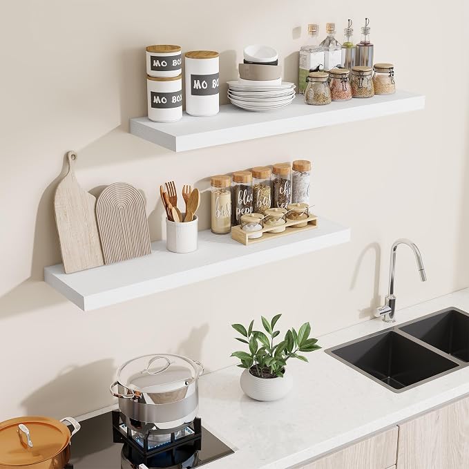 Dreamland 40Inch White Floating Shelves 9.3" Deep Wall Mounted Set of 2 | Wall shelves for bathroom, bedroom, Living Room, kitchen, deep wall mount wood storage display for home decor 40" x 9.3"