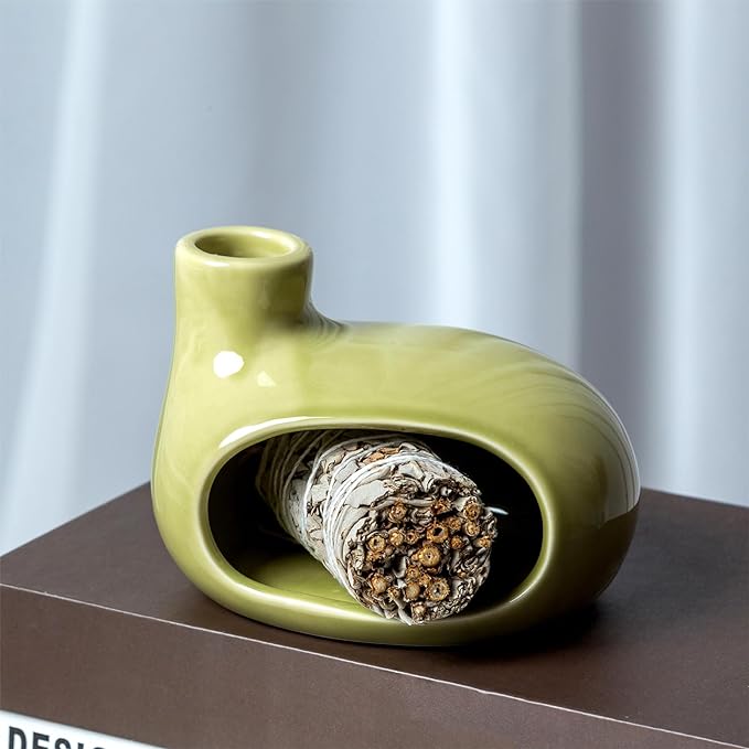 MOUGIGI Palo Santo Holder Burner - Modern Chiminea Incense Dish for Palo Santo Sticks and Cones - Ceramic Meditation Gift with Natural Polished Surface - Perfect for Yoga, Aromatherapy