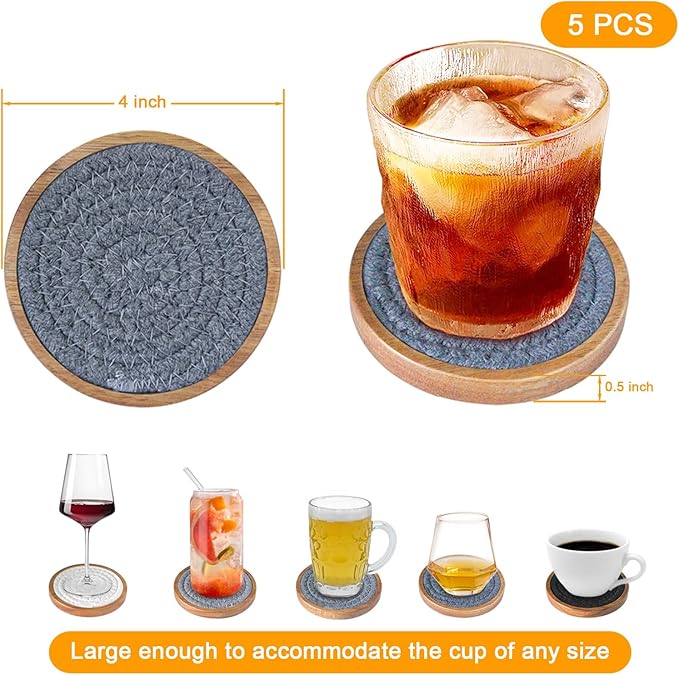 Eykao Coasters for Drinks Absorbent Sets of 5, Woven Coasters with Holder, Housewarming Gift for Farmhouse Home Decor, 4 inches (Gray Series)