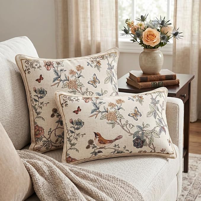 ISAENNE Designer Linen Throw Pillow Cover,Set of 2,20"x12"-Cornucopia A | Elegant French Rectangle Pillow Cover,Concealed Zipper,Floral and Bird Pattern,Sofas,Bedroom,Living Room,Lounge Chairs