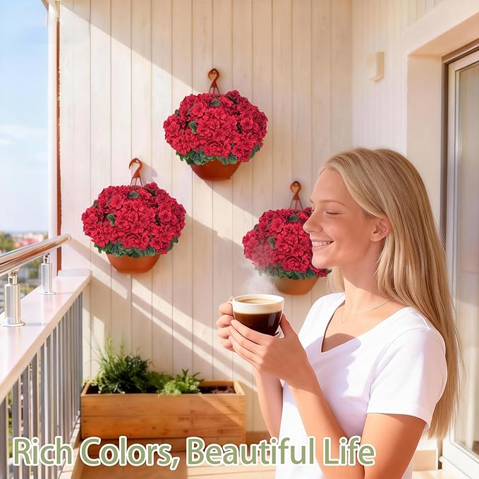 8 Pcs Artificial Geraniums Flowers for Outdoor Spring Summer Decor - UV-Resistant & Realistic Silk Faux Plants for Garden Porch Patio Yard Balcony Home Kitchen Table Centerpieces Decoration, Red