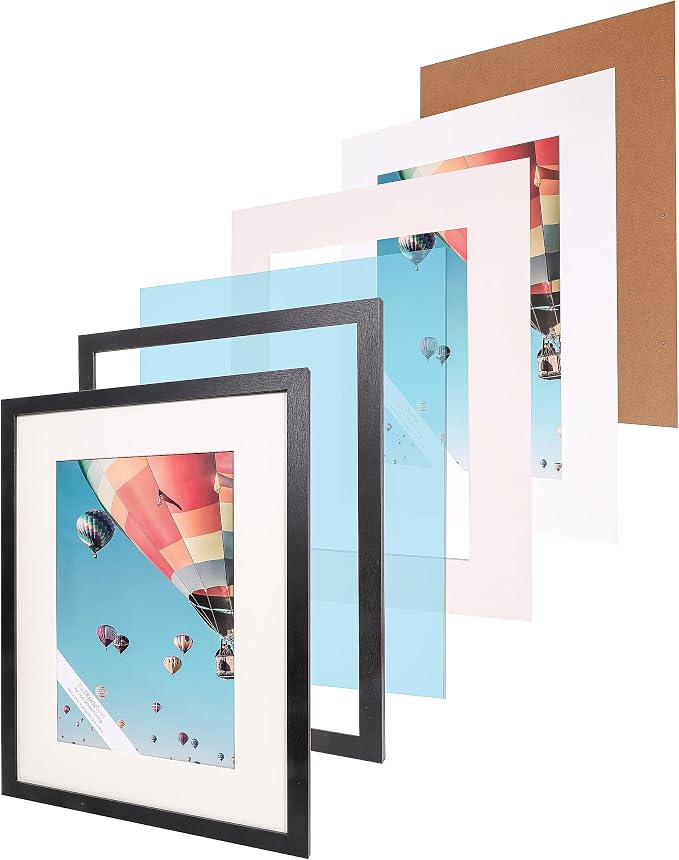 The Display Guys - Black Wooden Minimalist Picture Frames Set - Tempered Glass - 18x24 matted to 12x18 - Wall Hanging - 4-Pack
