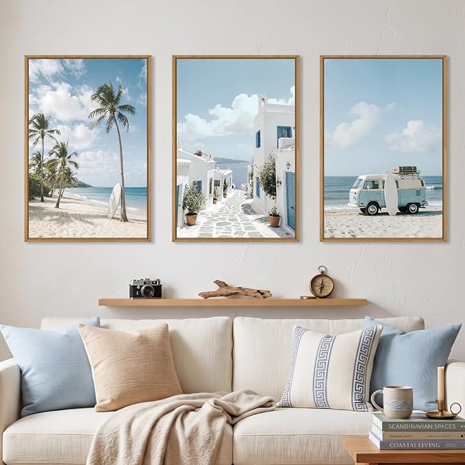 Large Summer Coastal Framed Canvas Wall Art Set,Modern Beach Surfboard Wall Decor,Seaside Palm Tree Art Prints,Vintage Blue Van Artwork for Living Room,Bedroom,Office -24"x36"x3
