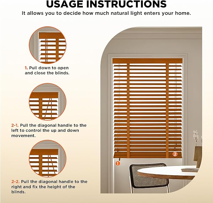 2" Slats Wood Blinds for Indoor Windows: Wooden Blackout Blinds & Shades,Black Out Privacy Horizontal Blinds for Home Bedroom Bathroom Living Room Windows Lingt Brown 25.5" WX 48" H