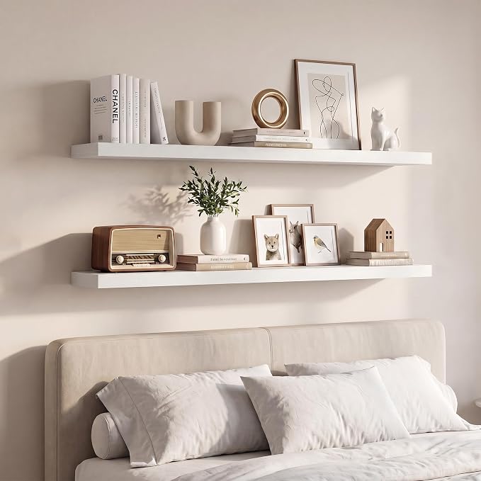 Vivelove Wall Floating Shelves for Display with Invisible Brackets, 48 Inch Floating Shelf for Under TV Over Fireplace Bedroom Living Room Office, 48”X 8”X 1.4", Set of 2 - White