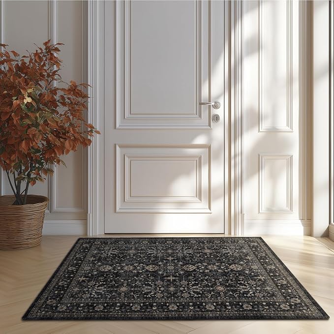 Ruaruarug Washable Area Rug 2x3 for Kitchen Entryway Living Room Bedroom, Ultra Soft Non Slip Stain & Fade Resistant, Pet & Kids Friendly, Suitable for High Traffic Areas Easy to Clean, Black Grey