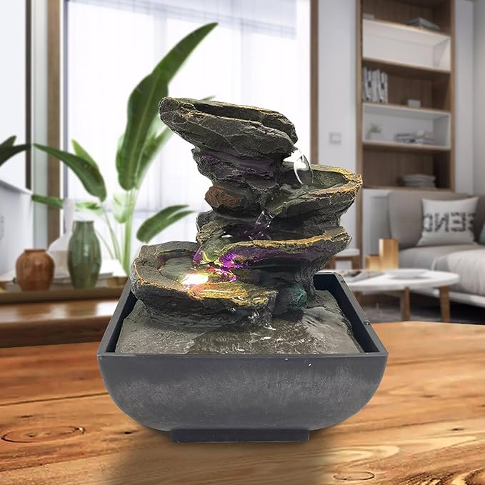 Indoor Tabletop Fountain Water Fountain with Light and Natural Waterfall Sounds for Desktop, Spa and Home Décor, 4-Tier Small Desktop Fountain for Leisure and Relax Zen Meditation