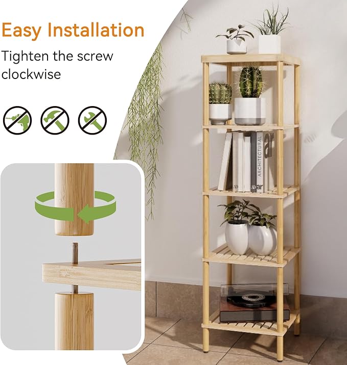 AmazerBath 5-Tier Bamboo Bathroom Shelf, Bathroom Standing Shelves, Multifunctional Shelving Unit for Living Room Bedroom Kitchen, Natural Color