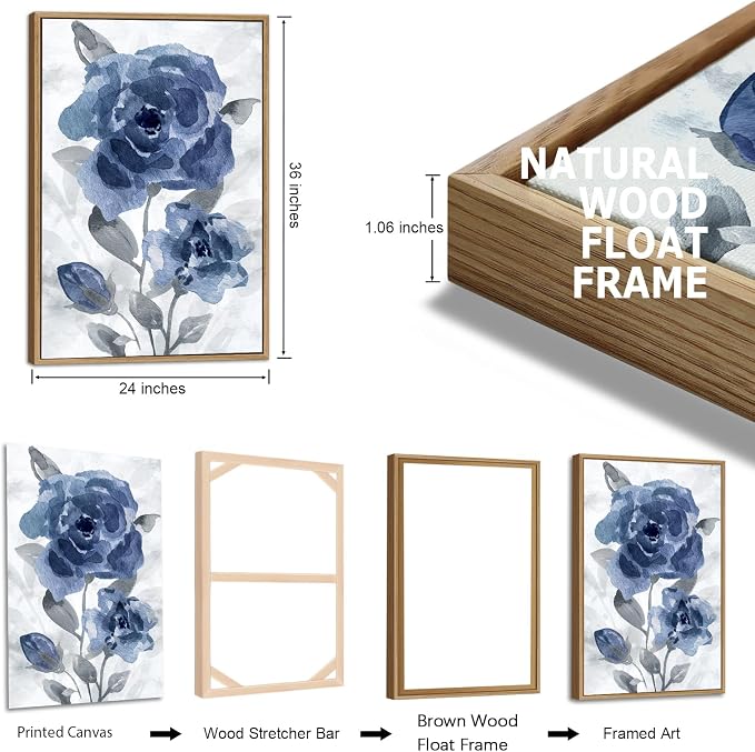 Large Framed Canvas Wall Art - Natural Float Framed Modern Indigo Flowers Pictures Decor Dark Blue Floral Grey Leaves Artwork for Bedroom Living Room Kitchen Home Office Decoration 72" X 36" Set of 3