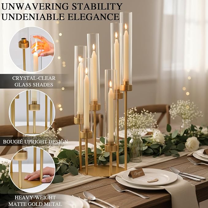 LETINE 6-Arm Gold Candelabra, 23.96" Tall Candelabra Centerpieces for Tables with Glass Lampshade & Heavy Base, Vintage Gold Taper Candle Holder for Indoor Outdoor Wedding Party Decor.