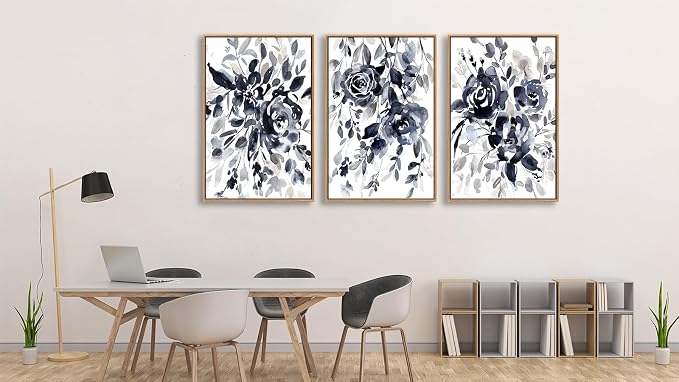Large Flowers Wall Art for Living Room Natural Wood Float Framed Art Set of 3 Black Roses Pictures Artwork Canvas Prints for Bedroom Kitchen Home Office Wall Decor 20"X28"X3