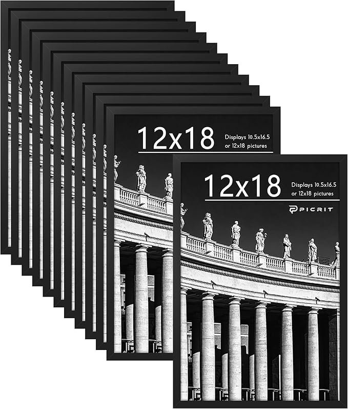 Picrit 12x18 Poster Frame Set of 12, Display 11 x 17 with Mat or 12 x 18 without Mat, Photo Frames for Wall Mounting Display, Black