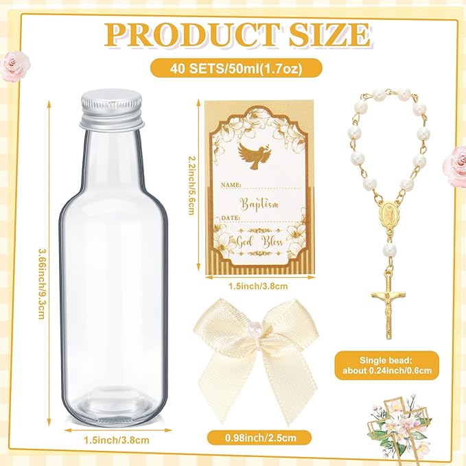 FillTouch 40 Sets Catholic Holy Water Bottle Baptism Rosary Set Baptism Favors 1.7oz Christian Water Container Empty Glass Holy Water Bottle for Easter Party Church Wedding Table Newborn (Gold)