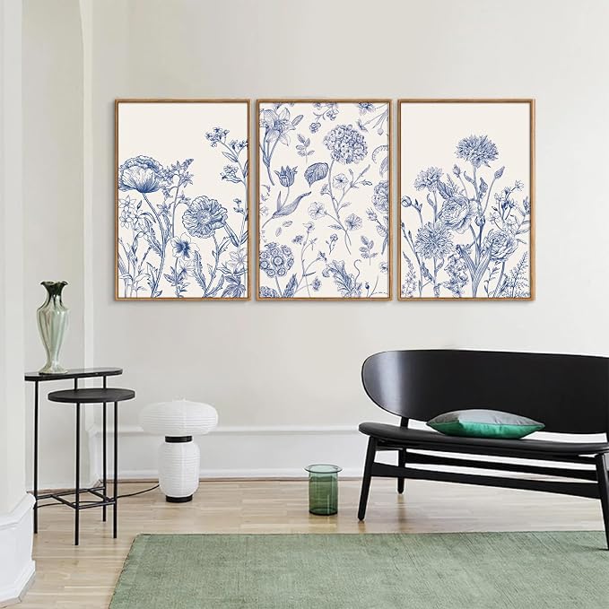 Tinonedraw Large Classic Chinoiserie Flower Framed Canvas Wall Art Set, Navy Blue and White Floral Wall Decor, Minimalist Neutral Botanical Art Printing for Living Room Bedroom Office Dorm 24"x36"x3