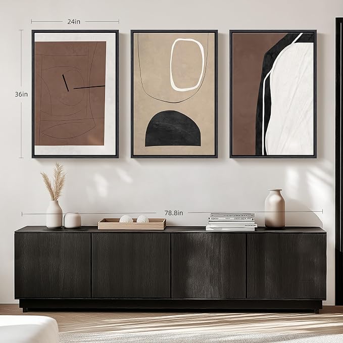 Framed Brown Abstract Wall Art for Living Room, 3 Piece Large Black and White Modern Canvas Artwork for Walls, Neutral Brown Abstract Prints Pictures Paintings Stairway Hallway Wall Decor, 24x36 Inch