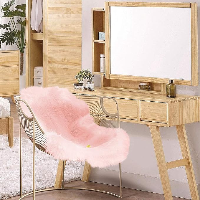 Carvapet Plush Faux Sheepskin Rug - Luxury Soft Pink Chair Cover 2x3 Accent Carpet, Non Slip Suede Backing Shaggy Shag Fur Mat for Bedside Dorm