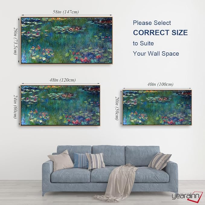 yearainn Framed Wall Art Canvas Prints Water Lilies by Claude Monet | Large Garden Artwork Green Landscape Contemporary Nature Pictures for Living Room Bedroom Home Office Decor 24" x 48"
