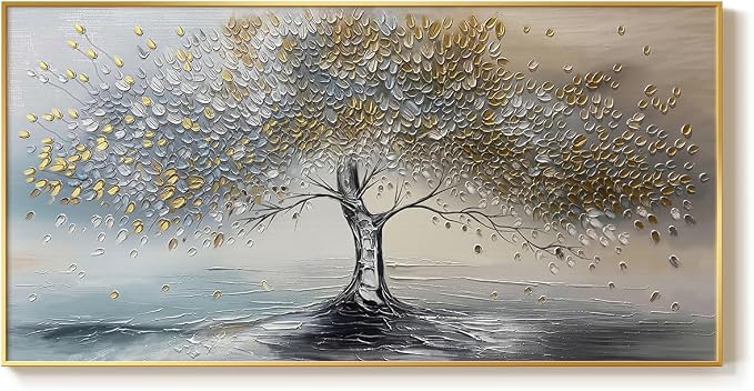 Large Gold Framed Tree of Life Wall Art for Living Room, Modern Abstract Blue Golden Tree Canvas Painting Prints, Luxury Artwork for Bedroom Hallway Kitchen Dining Room Office Wall Decor, 60x30 Inch