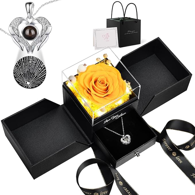 FIACO Gifts for Mom Preserved Real Roses with I Love You Necklace Fresh Forever Flowers Mothers Day Flower Gifts for Women Grandma Anniversary Birthday Gift for Girlfriend Wife Daughter