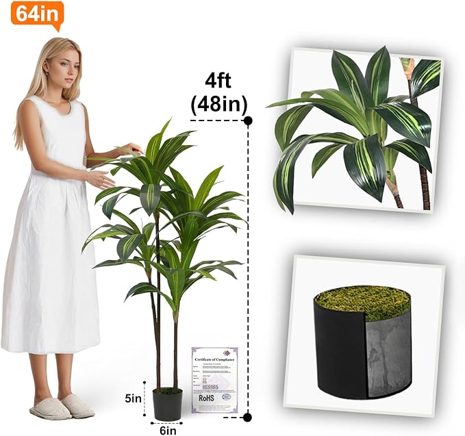 Aveyas 4ft Artificial Dracaena Tree for Home Decor, 4 Feet Real Touch Large Faux Plant Fake Silk Floor Trees with Pot for Indoor Outdoor House Living Room Office (4 ft Tall)