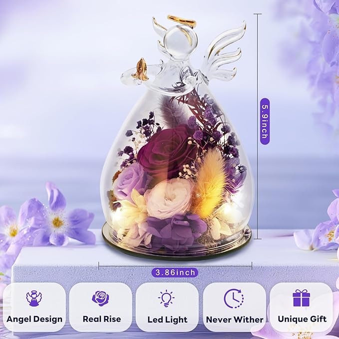 Purple Preserved Rose Glass Angel Gifts for Grandma Nana Mother in Law, Real Flower Birthday Retirement Presents for Older Women Aunt