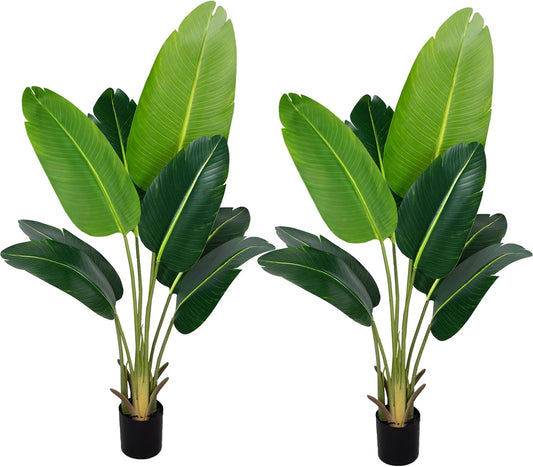 Artificial Bird of Paradise Plant 4Ft Fake Tropical Palm Tree with 8Trunks Faux Banana Leaf Trees in Pot for Home Indoor Outdoor Office Modern Decor Housewarming Gift（2Pcs）