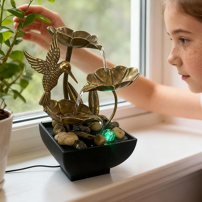 AOZITA Tabletop Fountain, Indoor Waterfall Fountain, Small Home Décor Zen Relaxation Soothing Sound Machine for Office, Living Room, or Bedroom, Bronze Metal Lotus with Hummingbird, River Rocks, LED