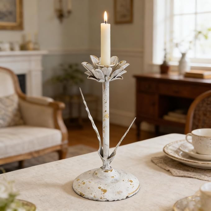 Vintage Lotus Flower Taper Candle Holders Set of 2, Distressed White Gold Metal Candlestick Stands, Rustic Farmhouse Tabletop Centerpiece for Wedding, Dining & Home Decor
