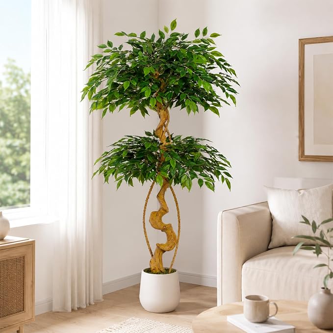 5FT Artificial Ficus Tree, 60in Fake Silk Tree with Natural Curved Trunk & 1488 Lush Leaves, Floor Faux Plant with White Pot, Low Maintenance Decor for Home, Office, Patio