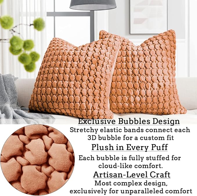Pillow Cover 24x24 1 Piece Velvet Euro Sham Decorative Farmhouse Pillowcase Boho Square Cushion Covers Soft Bubble Texture for Couch Sofa Bed Bedroom Car Living Room，Rust