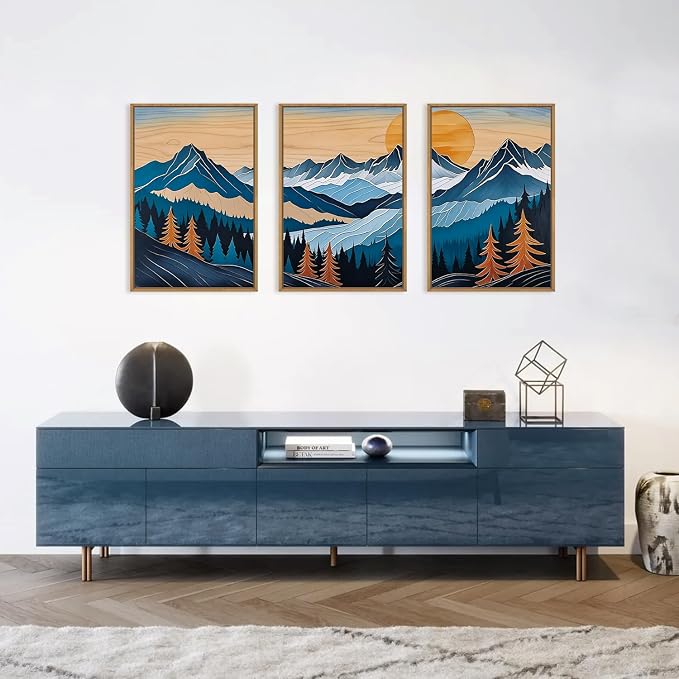 Boho Vintage Mountain Framed Canvas Wall Art Set,Blue Abstract Ridge Wall Decor,Woodcut Pine Tree Landscape Wall Painting, Sunrise Forest Art Print for Living Room,Bedroom,Office - 24"X36"X3