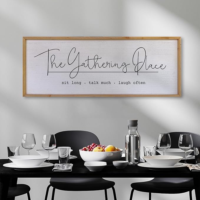 The Gathering Place Wall Decor Sign 40"x15" Large Family Dining Room Vintage Wooden Framed Country Farmhouse Simple And Rustic Hanging For Kitchen Home Wall Art Decoration (Wood)