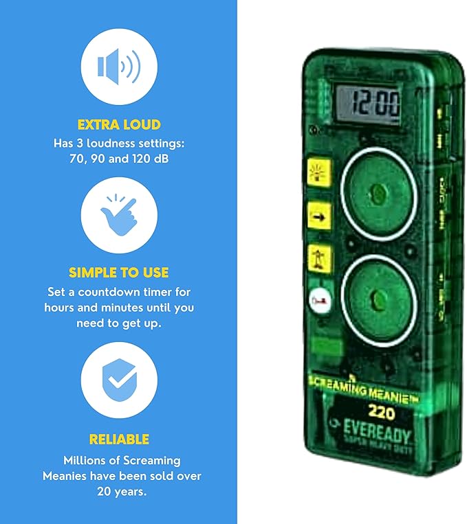 Screaming Meanie 220 Alarm Clock and Timer, Extremely Loud for Deep Sleepers, Multi-Purpose Clock, 3 Sound Levels (with 9v Battery Included) - Green