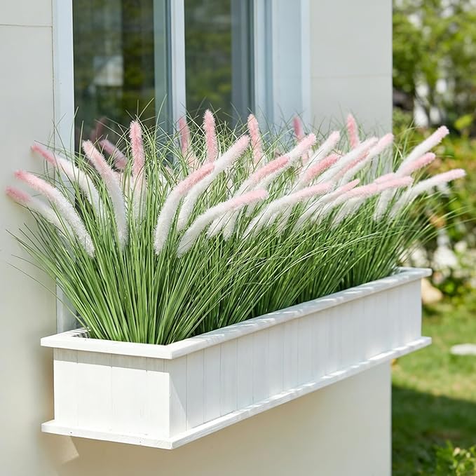 14PCS Artificial White Pink Tip Dog Tail Grass Onion Grass UV Resistant Outdoors Faux Shrubs Ornamental Wheat Grass Cattails Faux Bushes Home Decor for Outdoor Garden