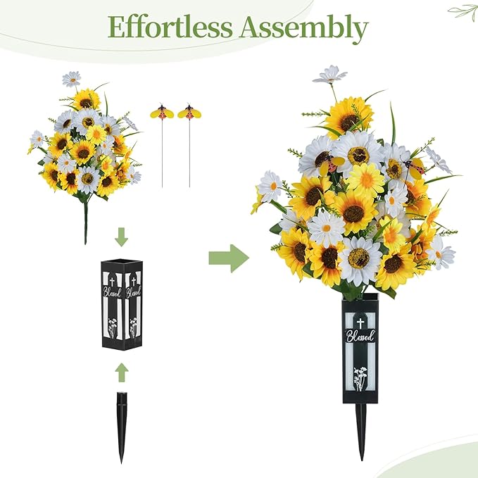 Artificial Cemetery Flowers for Grave: 2 Pcs Yellow White Sunflower Grave Flower Bouquets for Cemetery Decorations - Spring Outdoor Gravesite Flowers with Vase