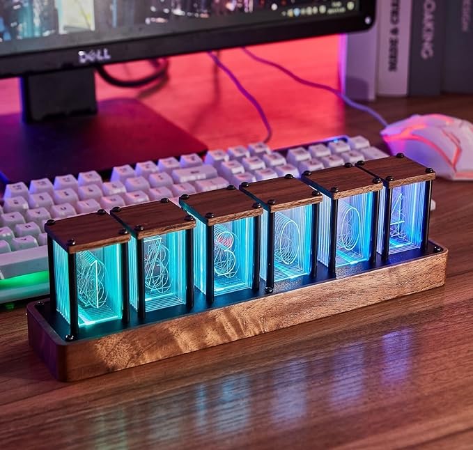 Nixie Tube Clock Walnut Digital Desk Clock, Support Wi-Fi Time Calibration, Alarm and 12/24h Display, No Assemble Required - A Retro Gift for Friends