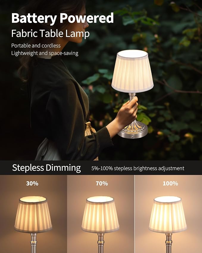 KDG Cordless Portables Table Lamp Set of 2, LED Fabric Shade Small Desk Lamps, 5000mAh Battery Powered Lighting, 2700K Stepless Dimmable Light for Living Room, Dining Room, Bedroom, Bedside (Nickel)