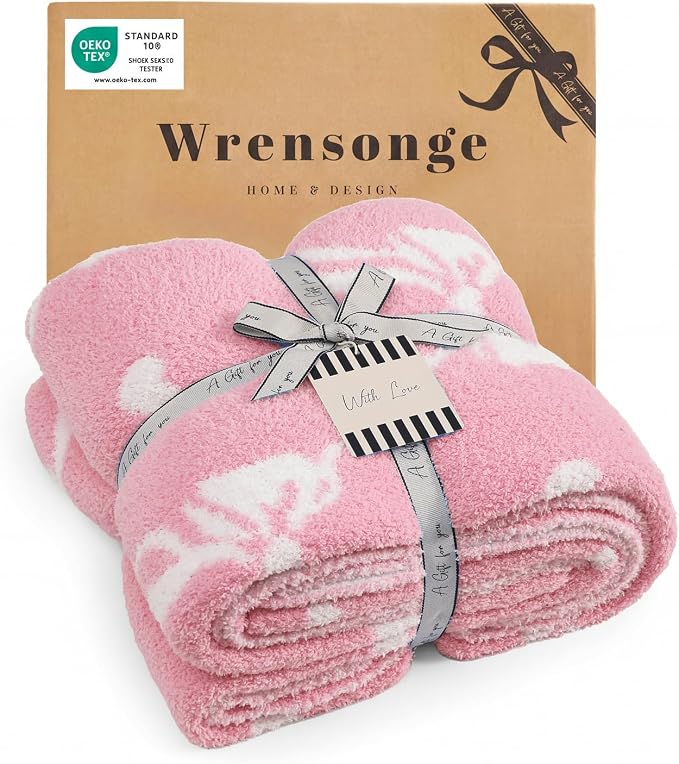 WRENSONGE Soft Throw Blanket for Couch-Cozy Reversible Knitted Blankets | Lightweight Warm Fluffy Decor for Women, Mom, Her & Girls, Sofa, Chair, Bed, 50x60in, Diamond Bowknot Pink