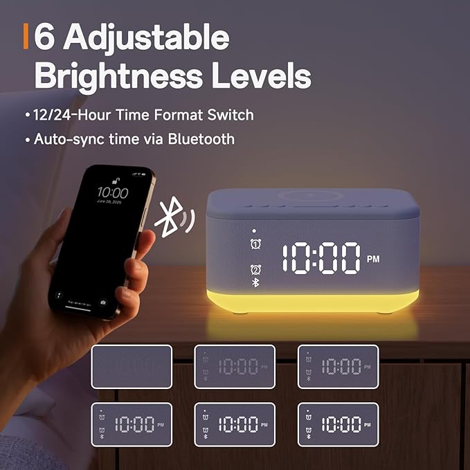 Wireless Charging Alarm Clock Bedroom, Digital Alarm Clocks Bedrooms Bluetooth, Loud Bluetooth Speaker Alarm Clock Night Light Dual Alarm Snooze 12/24H Dimmer Bluetooth AUX USB Charging, White