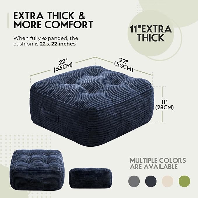 11In Washable Floor Pillow for Adults, Yoga & Meditation Cushion with Handle, Square Large Pillows Seating with Removable Tufted Corduroy Cover for Tatami Living Room Board Games (Blue)