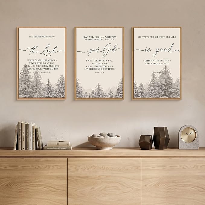 LHIUEM Bible Verses Framed Canvas Wall Art Set,Christian Scripture Religious Wall Decor,Vintage Easter Pine Tree Artwork for Living Room,Bedroom,Dining Room,Office -16"x24"x3