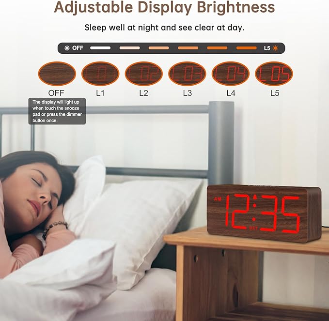 DreamSky Wooden Digital Alarm Clock for Bedroom - Desk Clocks with Large Numbers for Living Room, Office, Dimmer, Loud Alarm for Heavy Sleepers with Volume Control, DST, Wood Decor (Plug in Clock)