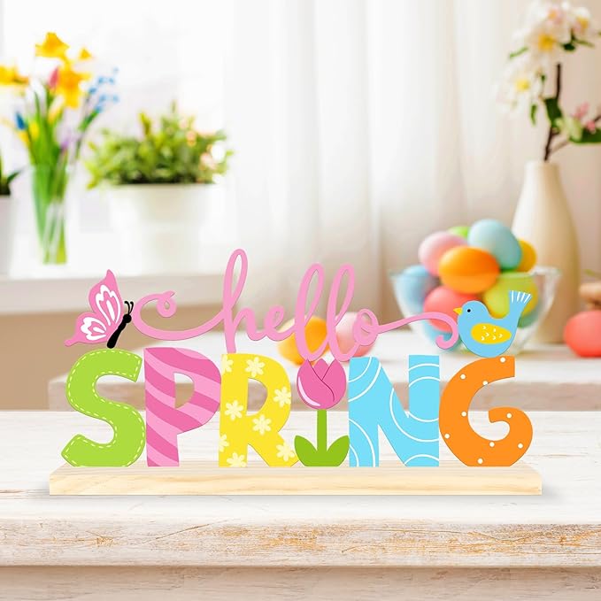 Metal Hello Spring Table Sign, Hello Spring Tabletop Decoration with Wood Base, Springs Table Centerpiece Decor for Home, Office, Shelf, Indoor, Mantel Party Supplies